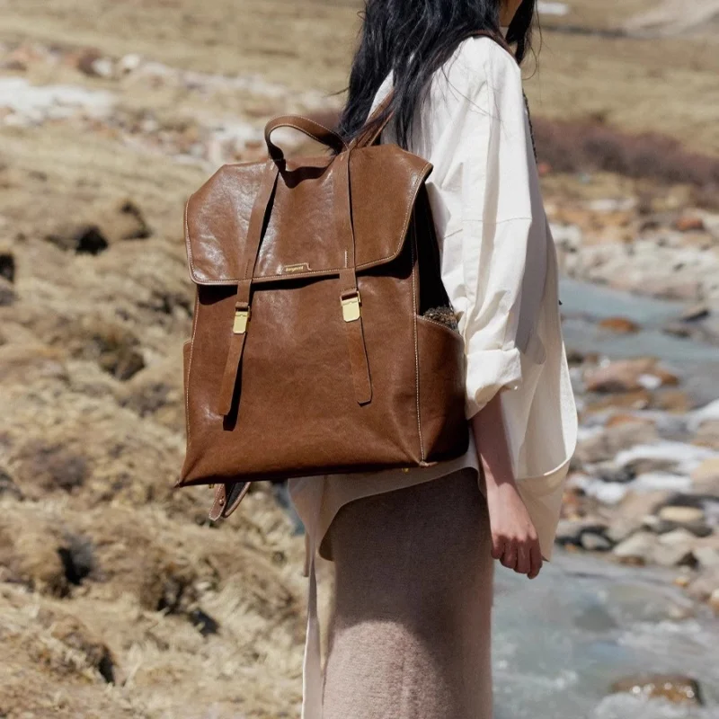 

Large Shoulder Bag Large Capacity Handheld Double Backpack Soft Vintage Cowhide Leather Computer Bag