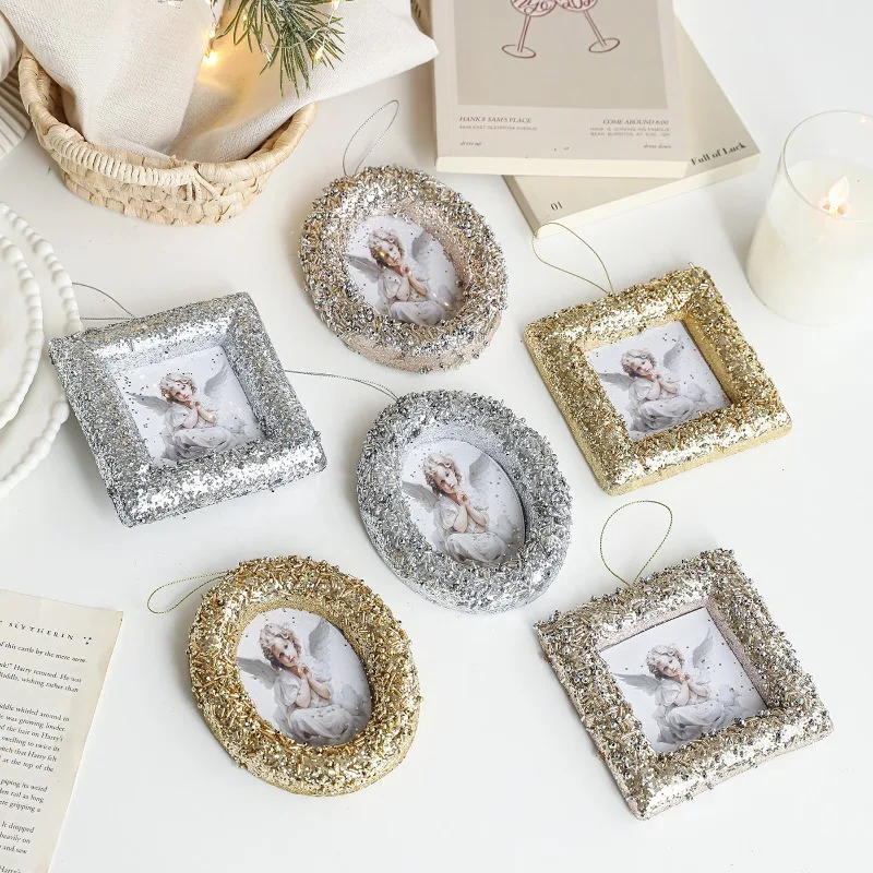 Handmade Sequins Photo Frame Pendant Oval Square Gold Silver Decor For Christmas Tree Window Household Holiday Ornaments