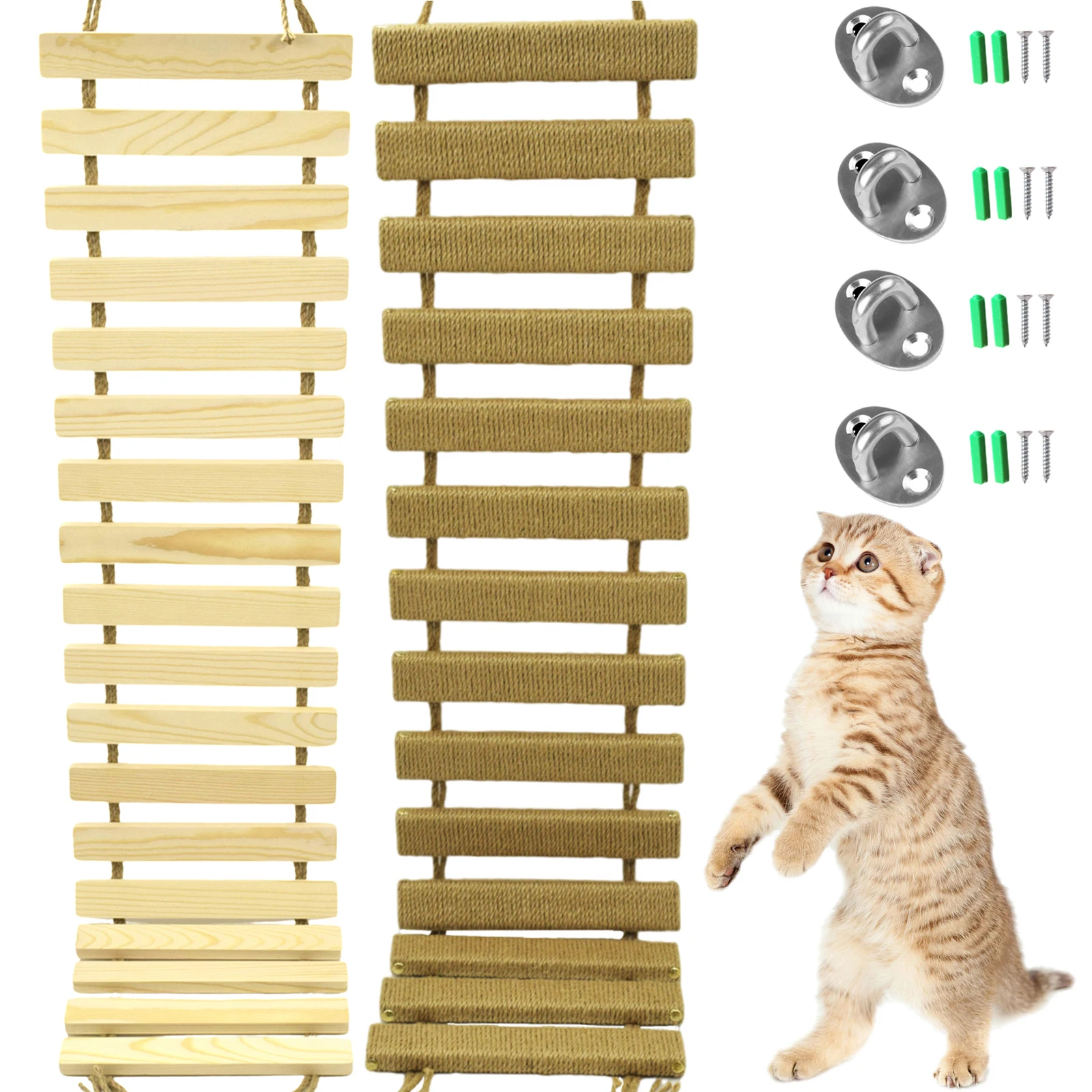 Solid Wood Cat Bridge Cats Wall Climbing Ladder Natural Pine Sisal Rope Cat Scratcher Kitten Climber Shelves Pet Cat Products