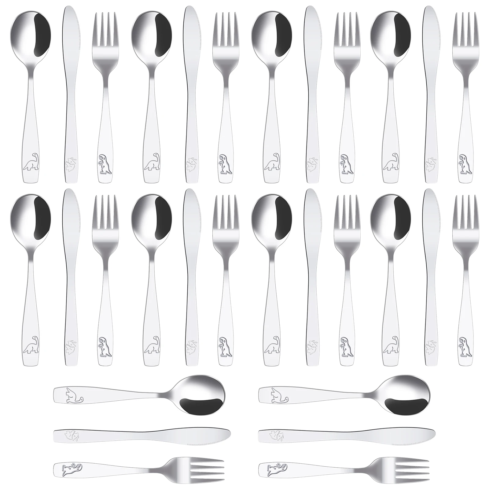 

30Pcs Kids Silverware Set Stainless Steel Toddler Fork Spoon and Cutter Set Toddler Utensils Engraved Dinosaur Flatware