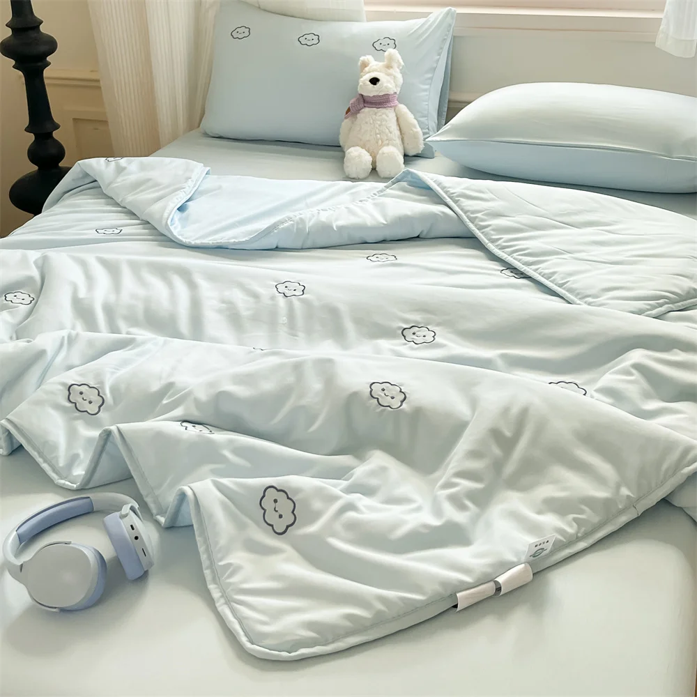 A Class Embroidered Summer Quilt Set 4Pcs Machine Washable Cooling Blanket Kids Toddler Single Bed AC Comforter