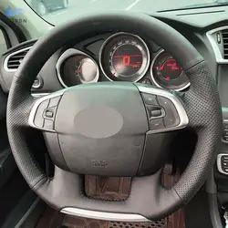 For Citroen C4 C4L 2011 2012 2012 2014 2015 DS4 Hand-stitched Black Perforated Leather Car Interior Steering Wheel Cover Trim