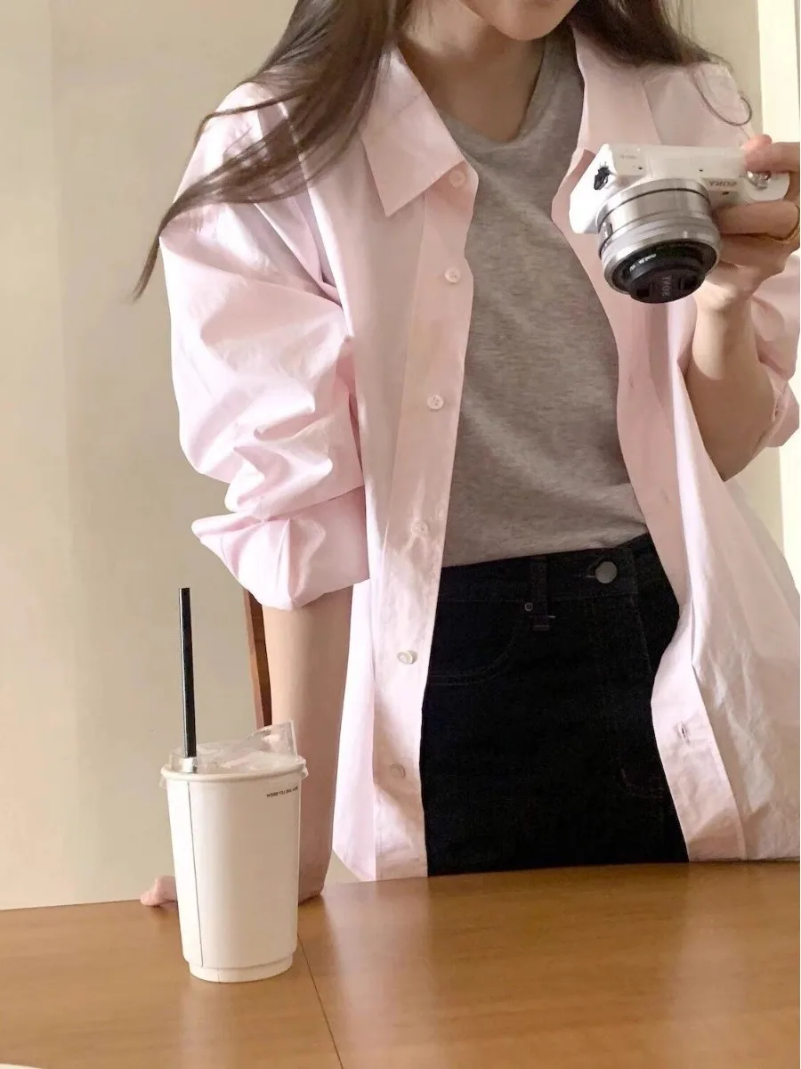 

Slim Fit Shirt Women's Pink Collar Outerwear Fashionable Design Anti-Aging White Enhancing Korean Style Casual Shirt