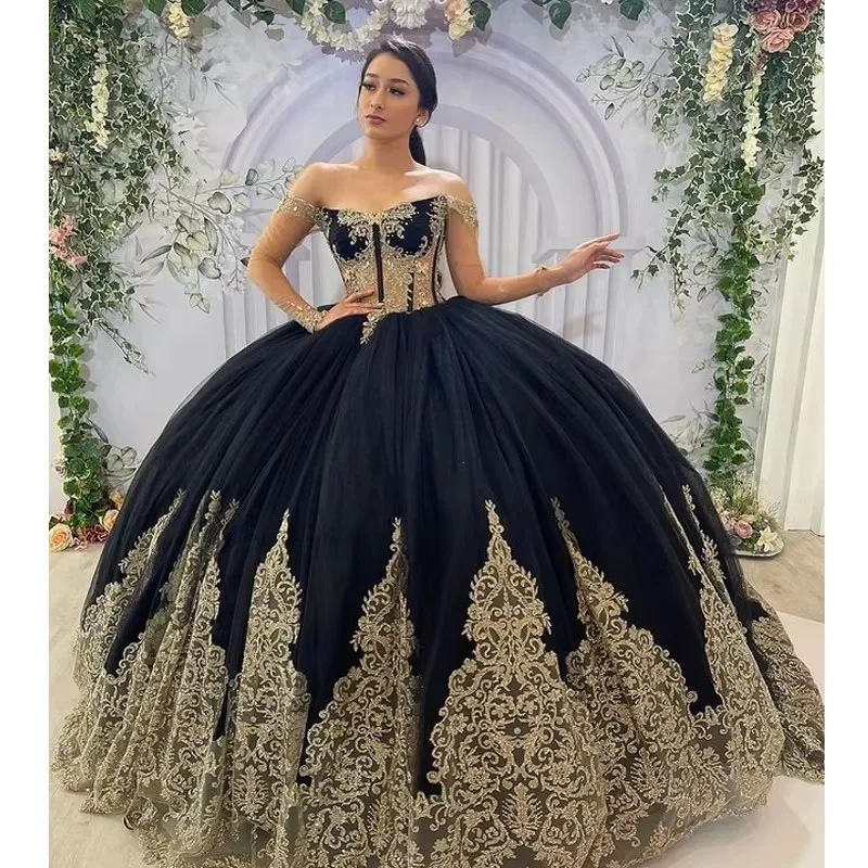 Black  Quinceanera Dresses Silver Lace Appliques Ball Gown Birthday Party Vestidos De 15 Años Long Prom Dress