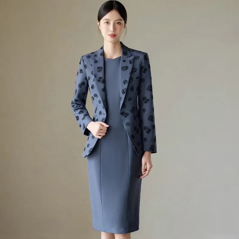 Women's Printed Blazer2025New Spring and Autumn Professional Formal Vest Dress Suit Gray