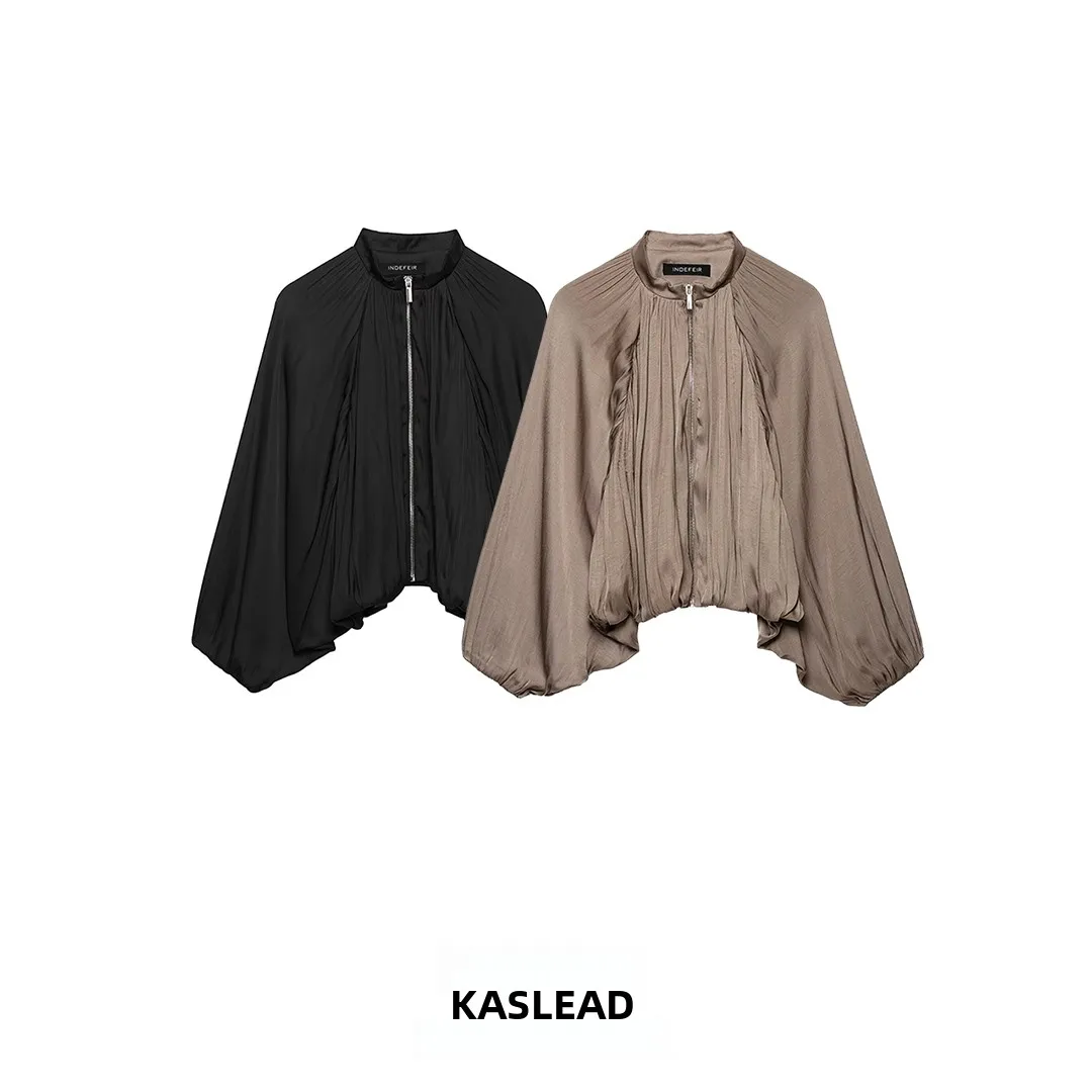 KASLEAD Fashion Satin Pilot Jacket Women's Outerwear Stylish Zipper Closure Long Sleeve Polyester Fiber Autumn Collection