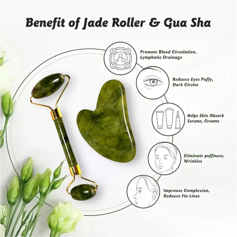 Jade Roller & Gua Sha Set Natural Stone Anti‑Aging Face Neck SPA Massage Skin Care Beauty Tool For Home Salon Use