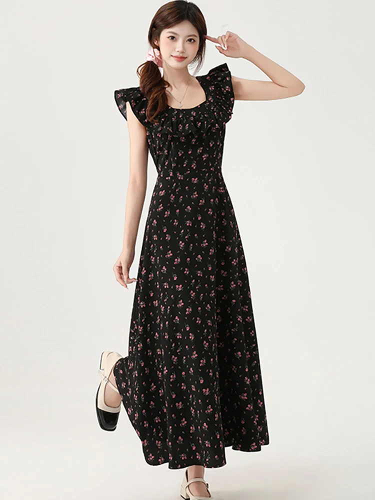 

Women Korean Vintage Hepburn Luxury Evening Dress 2025 Black Floral Ruffled Square Collar Dress Summer Elegant Bodycon Vestidos