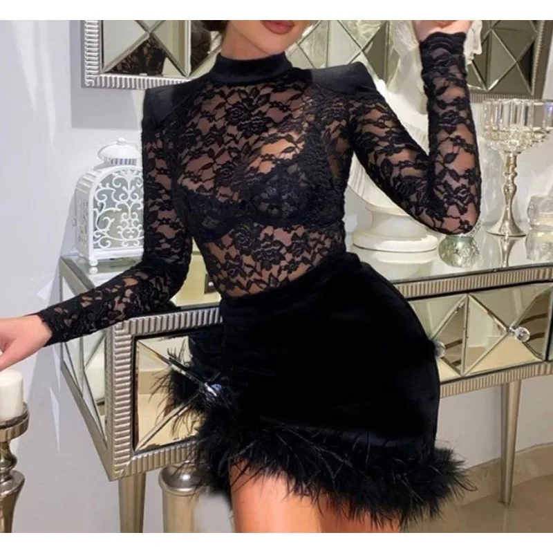 

Long Sleeve Autumn Skirt Sexy Hip Wrap Lace Splicing Suede Fluffy Perspective Spice Girl Plush Short Dress