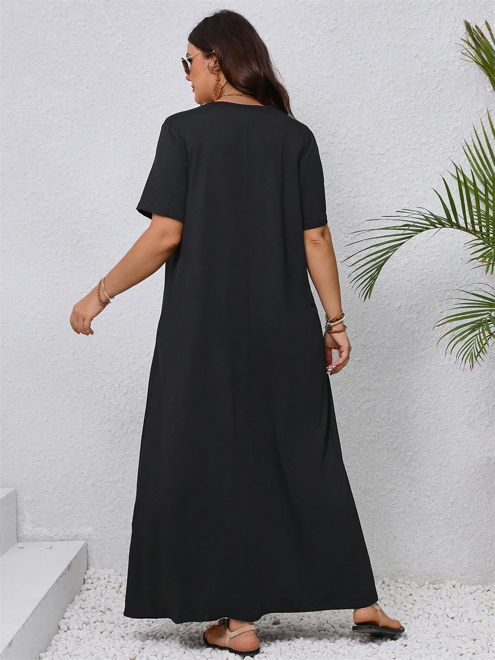 GIBSIE Plus Size Contrast Lace V-Neck Black Long Dress Women Summer Short Sleeve Beach Vacation Casual Loose Maxi Dresses 2024