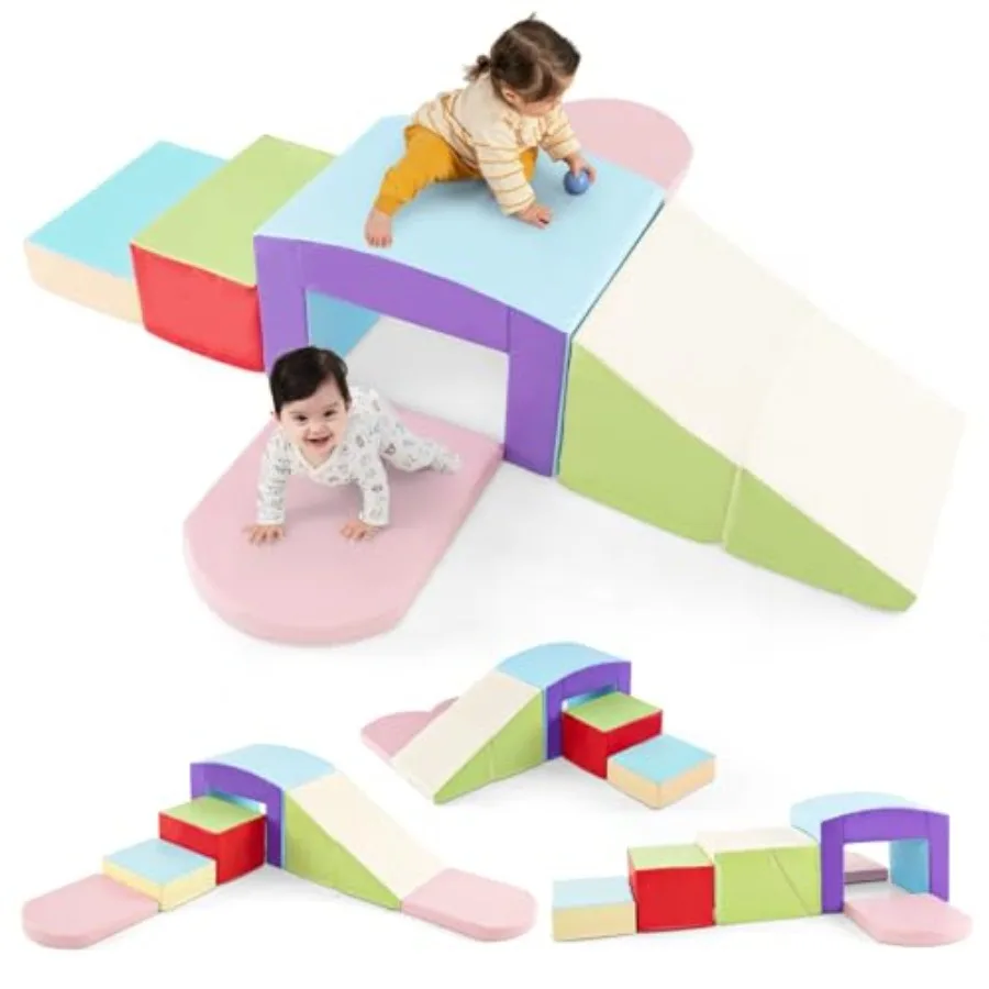 

7 Pieces Indoor Baby Foam Blocks Soft Play Set with PU Leather for Toddlers Climbing and Crawling Sliding Activity Structure Gy
