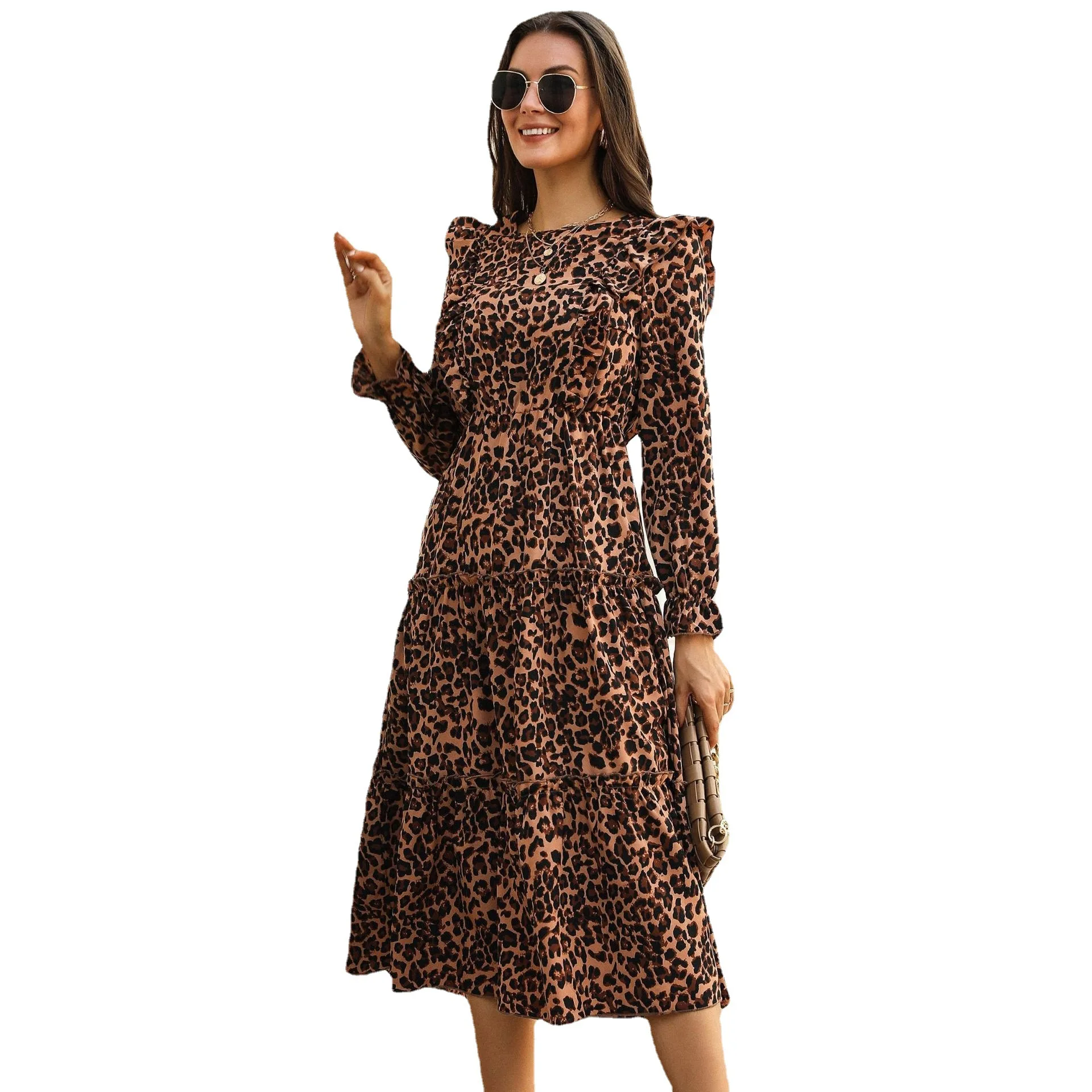 Automne femmes Midi Dr imprimé léopard bouffant Sve dentelle florale bois ain Briti Sle a-ligne jupe longue Sve