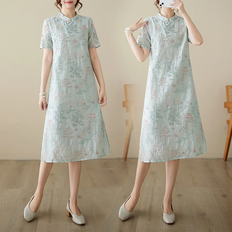 ملابس نسائية شابة من القطن Linhwa Summer Dr New Sle الصينية الوطنية لحفل الشاي على شكل حرف A تنورة ort...