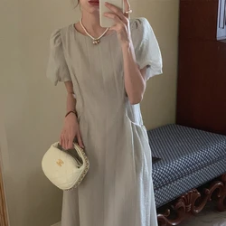 Elegant French Style Puff Sleeve Waist Cinched Pocket Dress Retro Slimming Short Sleeve Polyester Fiber Summer Dress