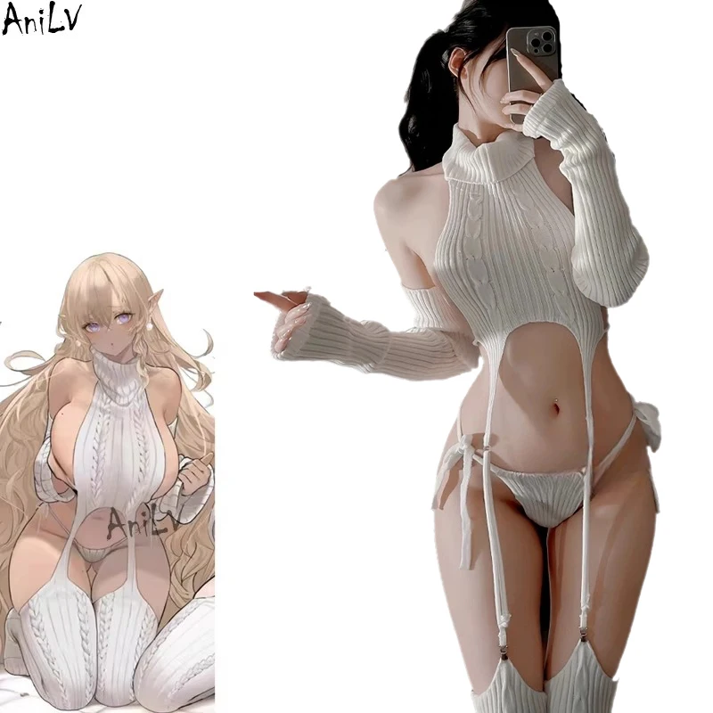AniLV Japanese Anime Girl Turtleneck Sweater Set Uniform Women Knitted Temperament Lingerie Outfits Pajamas Erotic Costumes