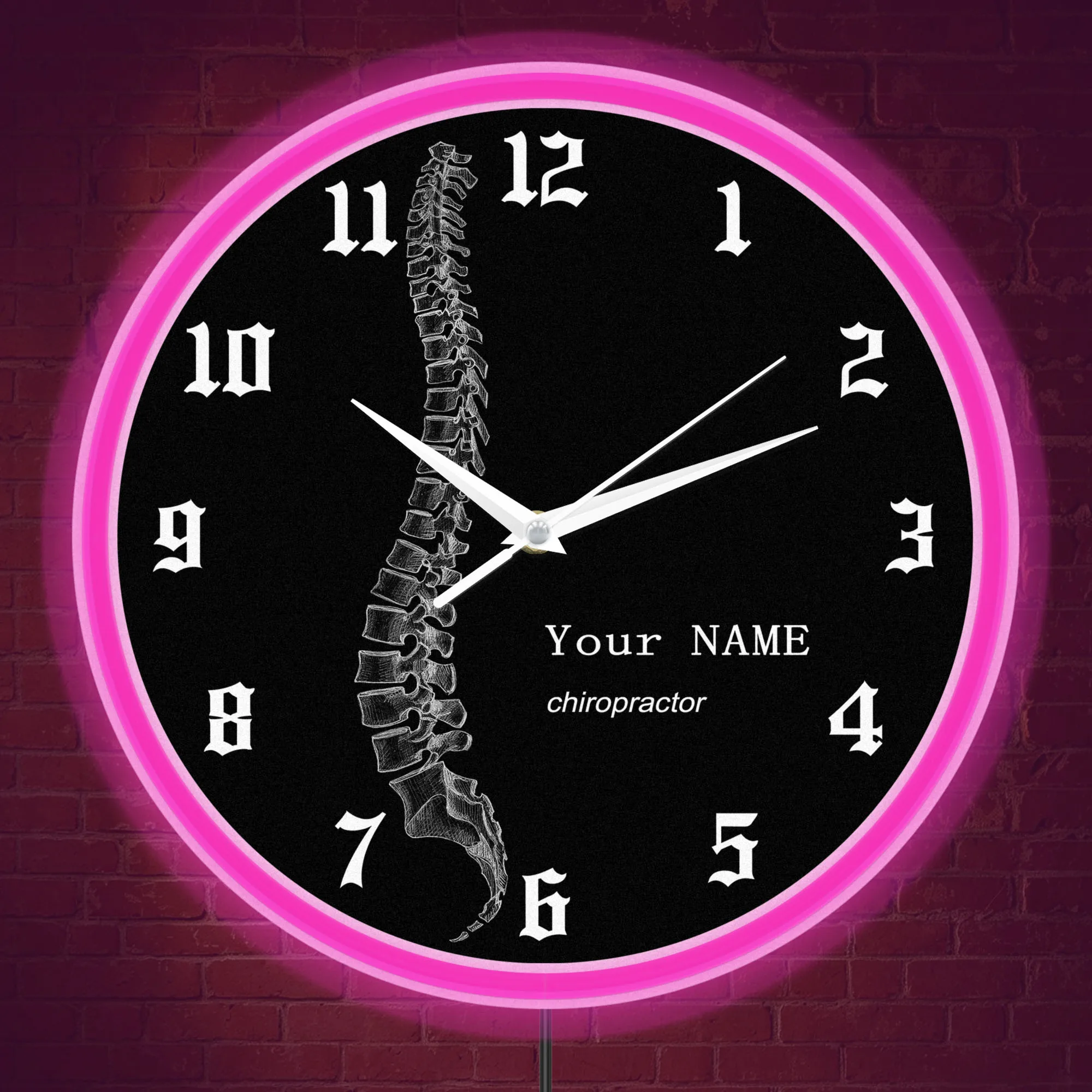 Spine Anatomy Chiropractor Personalized Name LED Neon Rim Wall Clock Human Vertebral Column Custom Physical Therapist Wall Clock