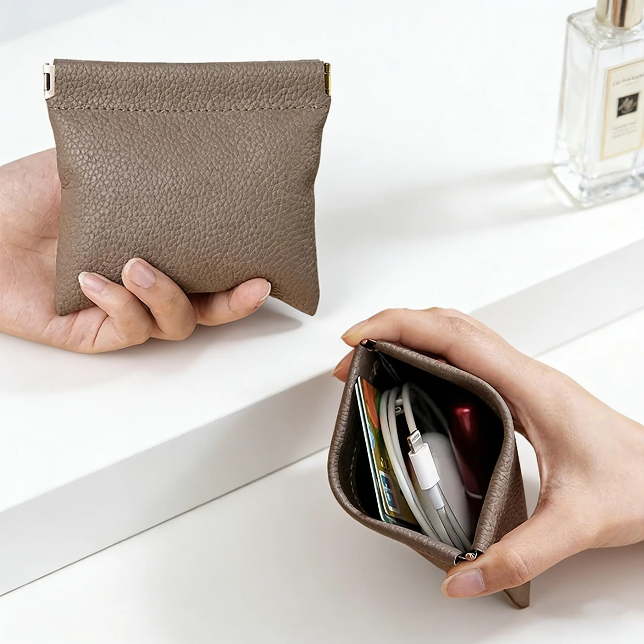 BUYLEMO Litchi Grain Snap Closure PU Leather Storage Pouch, Portable Cosmetic Coin Bag
