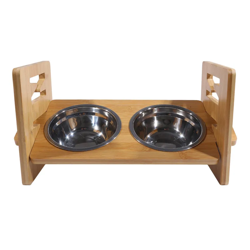 Bamboo Elevated Dog Bowls with Stand Adjustable Raised Puppy Cat Food Water Bowls Holder Rabbit Feeder for Small Medium Pet with