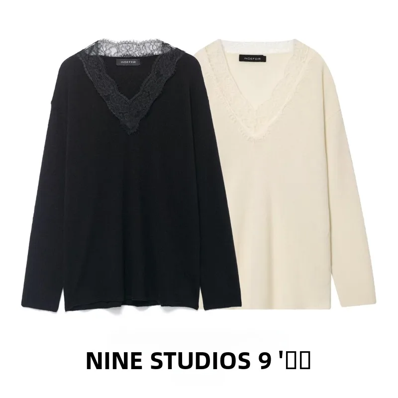 

NINE ZAR Women's Knitted Lace Collar Mix Wool V-ne Top European Sle Regular Fit Long Sve Warmth Suitable for Autumn