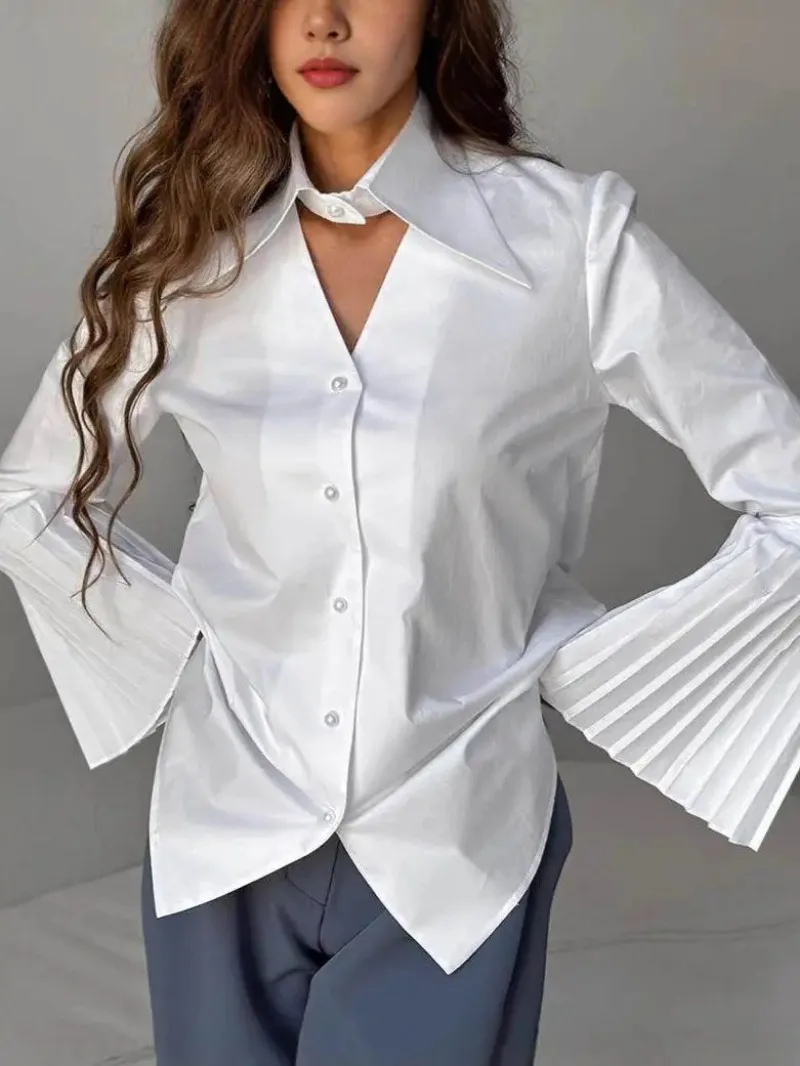 

French style design with pleated flared sleeves women 2025 autumn foreign trade style top paired with a pure cotton white shirt