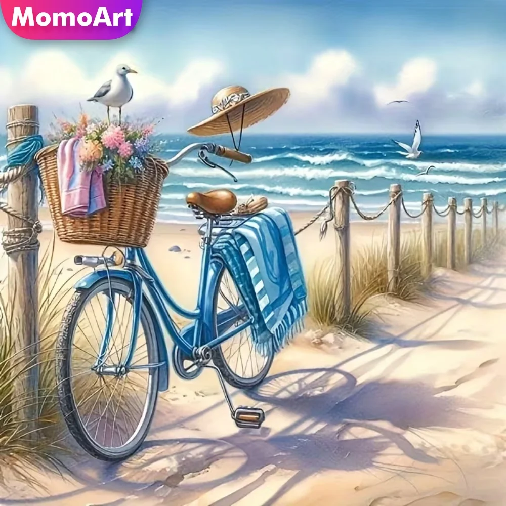Momoart New Arrival Diamond Painting Bicycle DIY Kits Full Square Round Diamond Mosaic Seaside Landscape Art Holiday Gifts