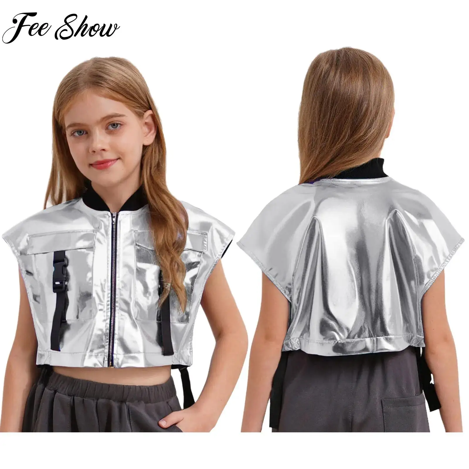 

Girls Jazz Hip Hop Dance Tops Stage Performance Streetwear Sides Open Metallic Vest Sleeveless Zipper Jacket with Buckle Pockets