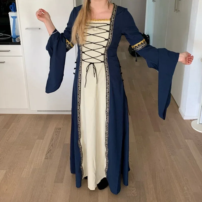 Women Medieval Dress Viking Cosplay Halloween Costumes Palace Noble Long Robes Ancient Bell Sleeve Princess Costume Dress