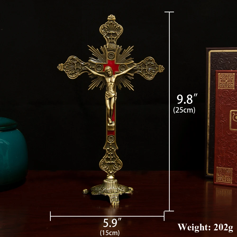 HTISOK Katholisches Jesus-Kreuz, stehendes katholisches Kreuz, katholisches Tischornament aus Zinklegierung, Geschenk für Freunde – Detail 1