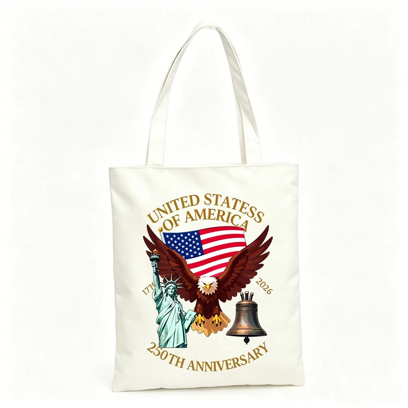 Unisex canvas tote bag with eagle and flag graphic, vintage style for daily shopping and casual outings