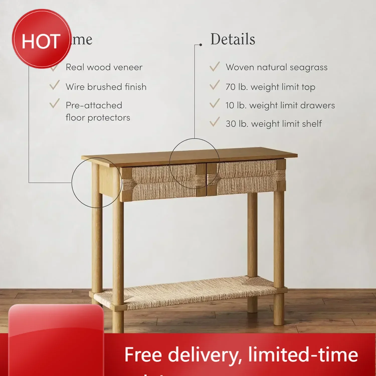 

Time-limited[XMSJ]Hallway or Living Room, Bohemian Farmhouse Console Wood Accent Storage Sofa Table, for Entryway,1, Beacon Ligh