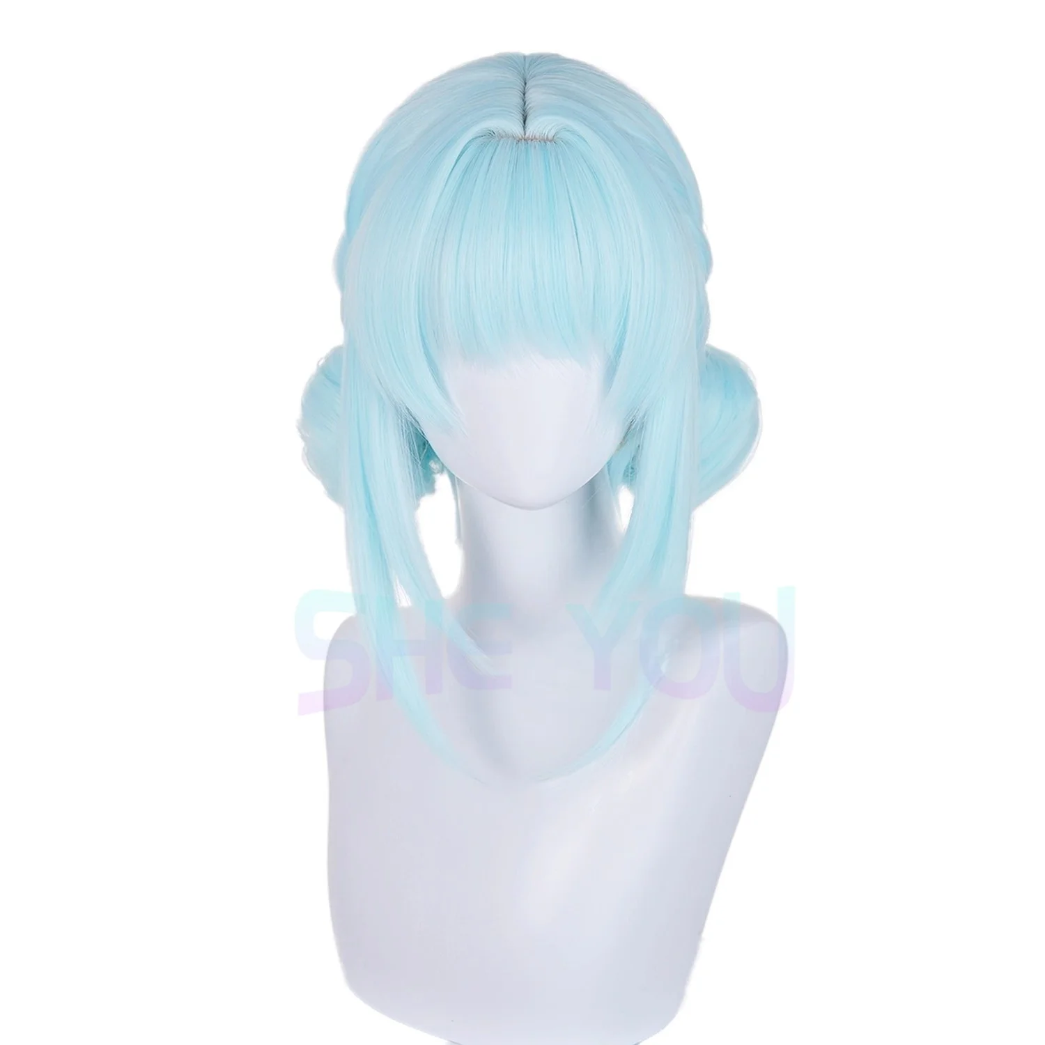 อะนิเมะ Ineffa คอสเพลย์วิกผมสีฟ้า Buns 30 ซม.คอสเพลย์วิกผมสังเคราะห์ทนความร้อนผมฮาโลวีน + หมวกวิกผม