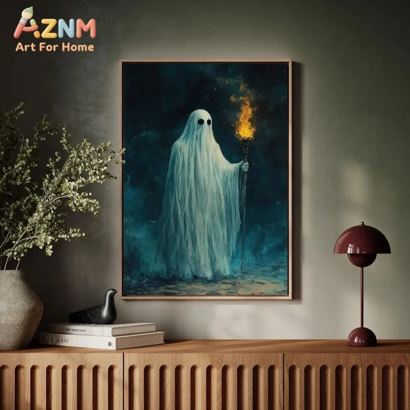 Ghost Holding Burning Torch Gothic Halloween Canvas Poster Prints Frameless Wall Art Mysterious Moody Rustic Home Decorations