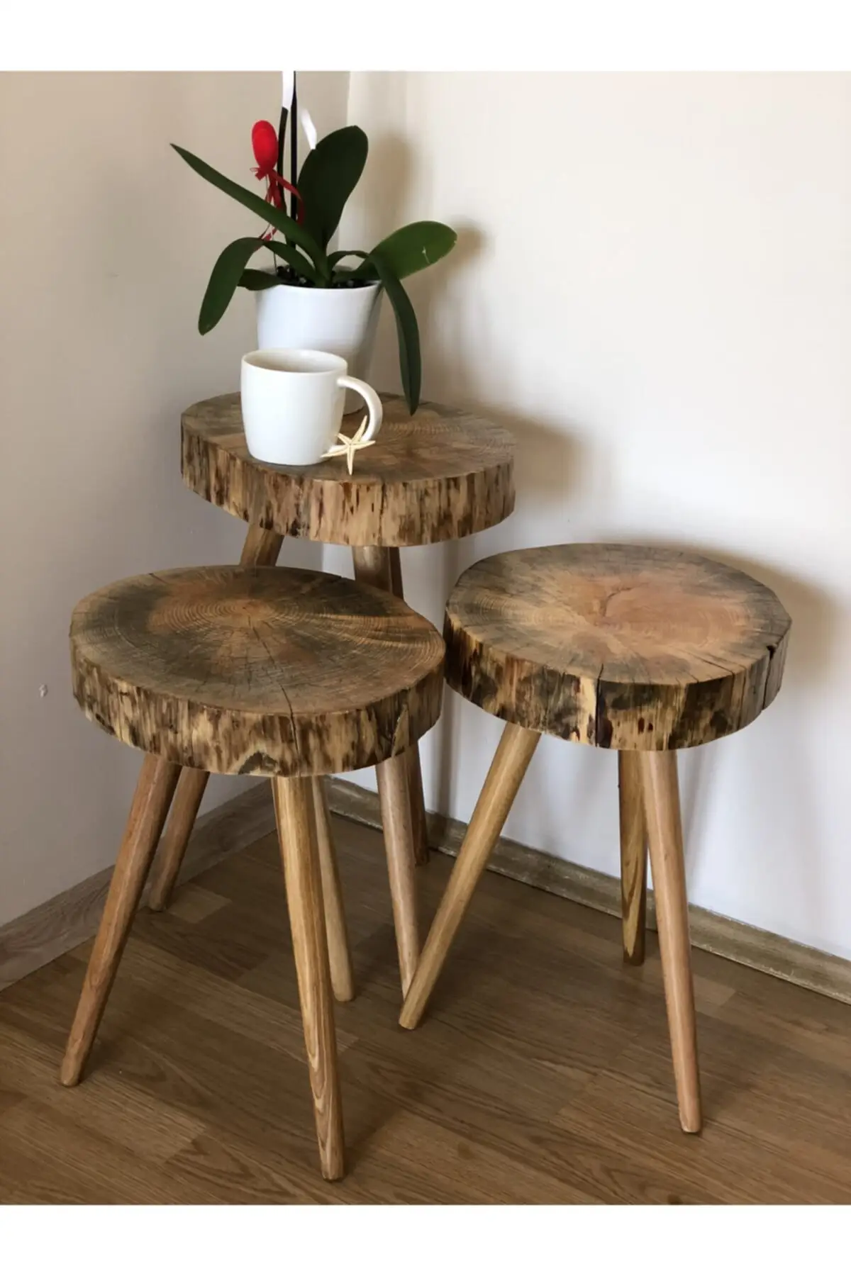 Braun 3'lü Runde Natürliche Holz Log Zigon Kaffee Tisch