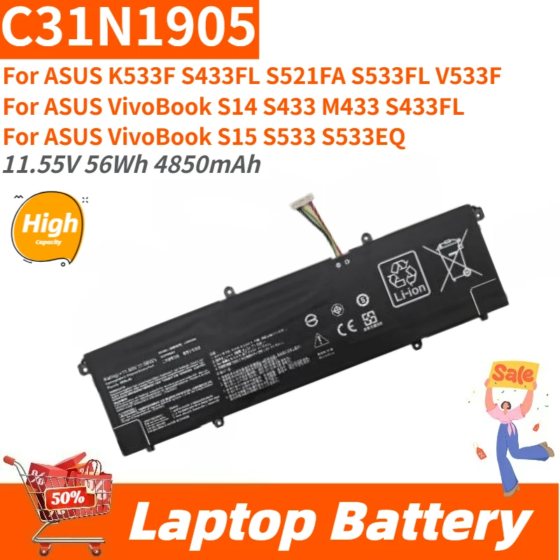 

High Capacity 11.55V 56Wh 4850mAh Laptop Battery C31N1905 For ASUS S533FL V533F S433FL VivoBook S14 S433 M433 S15 S533 S533EQ