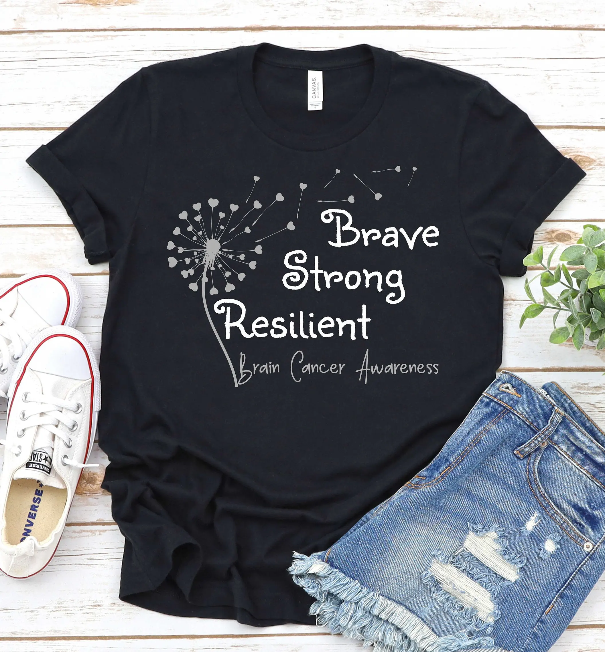 Brave Strong Resilient Brain Cancer Shirt Tumor Awareness Gray Ribbon We Wear May Fighter