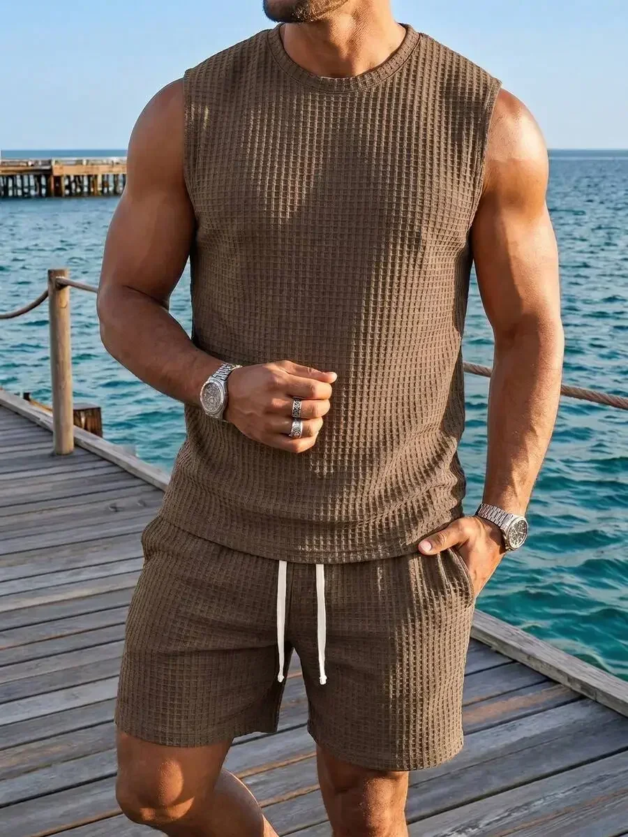 

Mens Brown Waffle Knit Sleeveless Vest And Shorts Set Casual Vacation Outfit