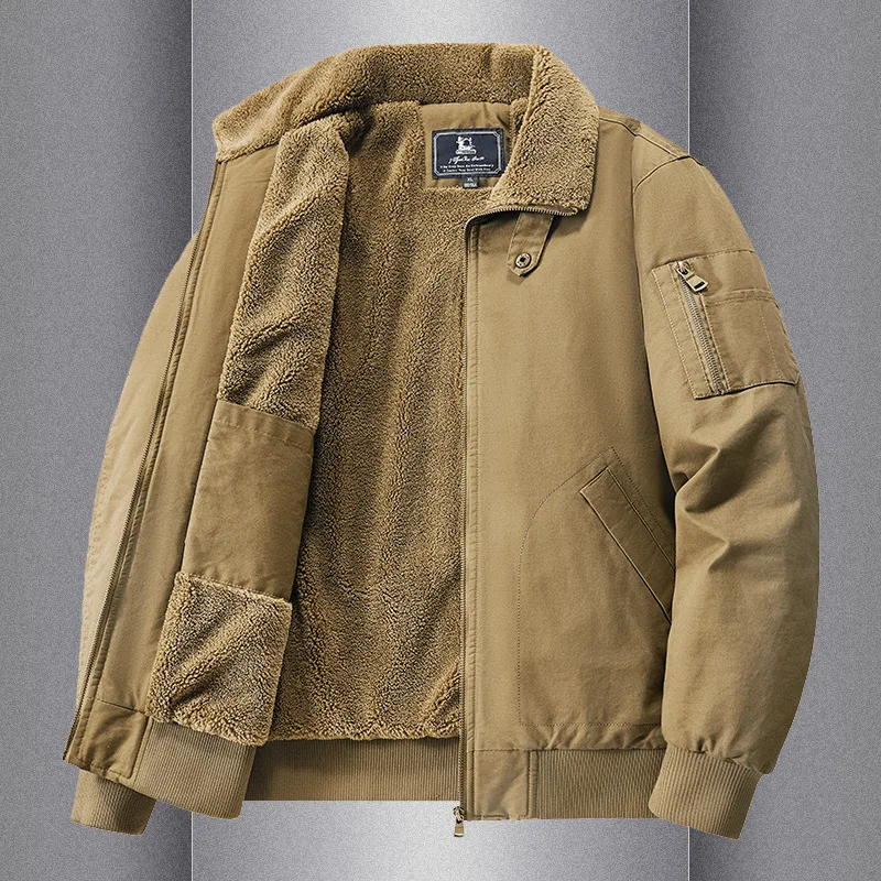 Autumn Winter Fleece Thick Sherpa Cotton Padded Jacket Men's Lapel Loose Casual Outerwear