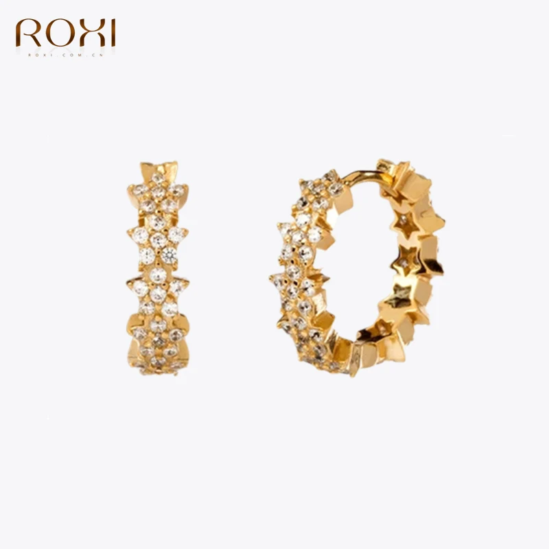 ROXI Pendientes de aro de circonio de fila de lujo de cinco estrellas para mujer Pendientes de plata de ley 925 Pendientes brillantes joyería Pendientes placa 925