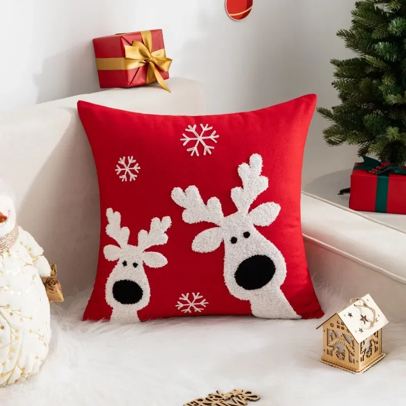 Juste de coussin brodée imprimée de dessin animé de Noël, taie d\'oreiller décorative, père Noël, canapé à la maison