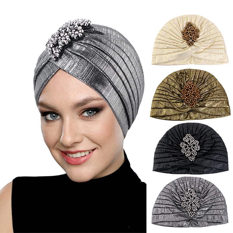 Elastic Diamond Indian Turban Headscarf Wrap Hair Hat Fashion Casual Women Ladies Arab Folded Cap Africa Chemo Beanie