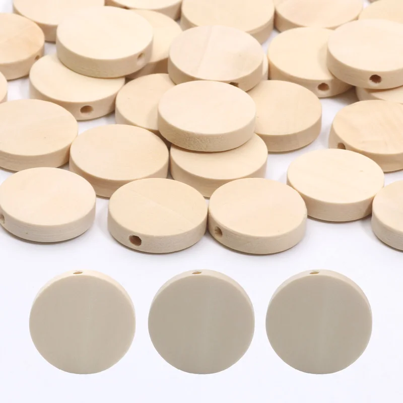 10-30pcs 15/20/25mm Unfinished Blank Wood Chip Flat Round With Holes Slices Wooden Beads For Woodwork Craft Diy Ornaments