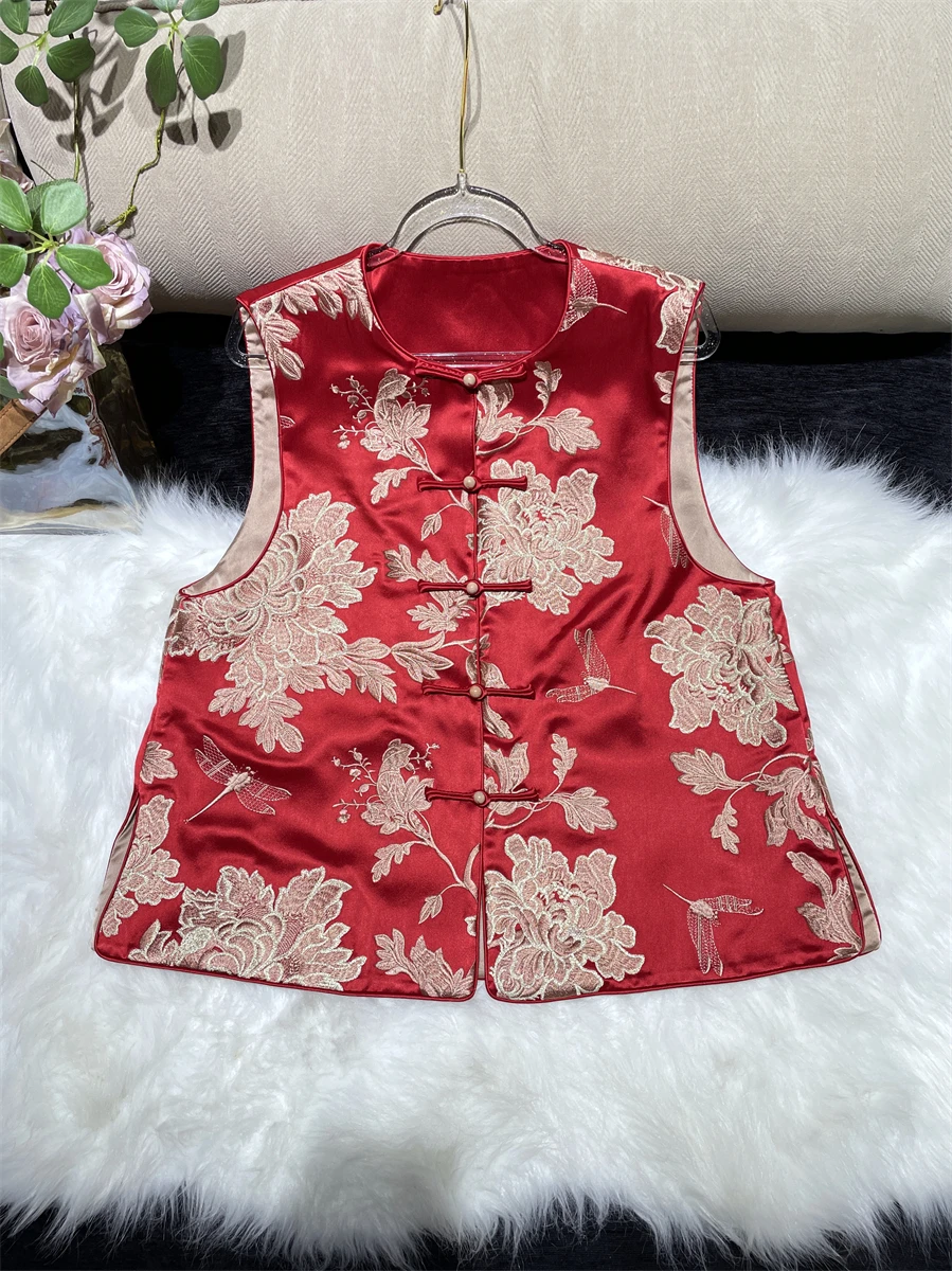 

Новый китайский жилет в национальном стиле из ацетатной ткани с вышивкой пионами, универсальный, премиум-класса