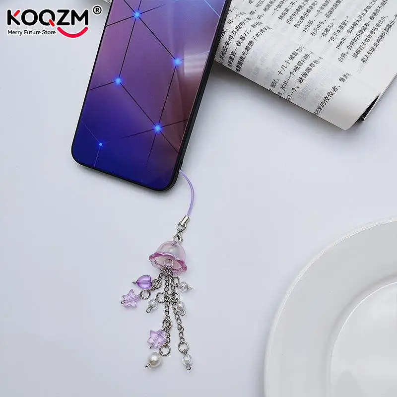 Jellyfish Phone Charm Cute Accessories Fringe Pendant Keychain With Bead Cartoon Fringe Cellphone Chain Keyring Phone Strap