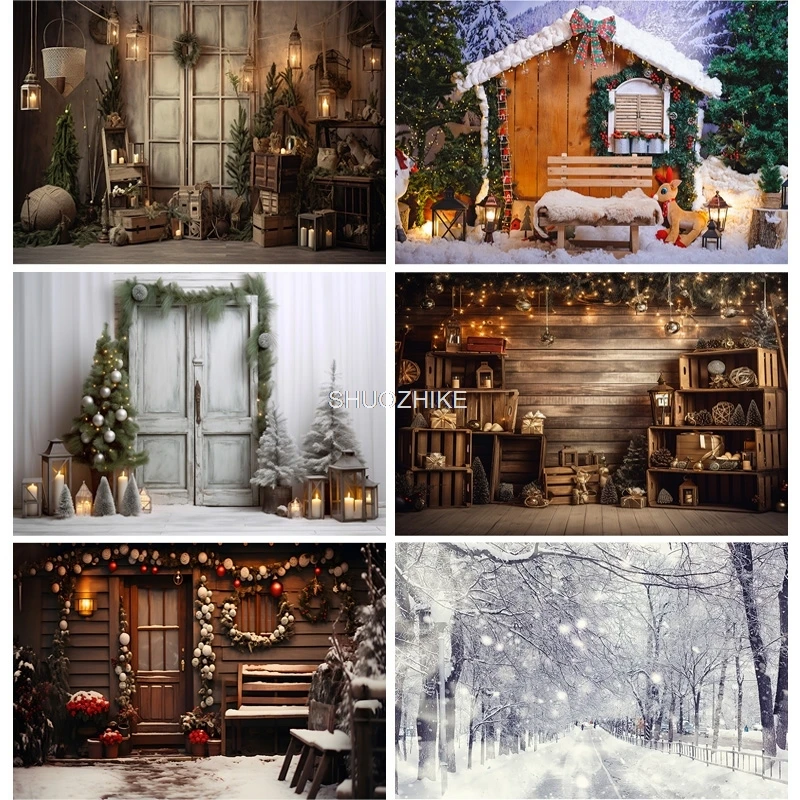 

Christmas Day Photography Backdrops Prop Fireplace Window Winter Xmas Tree Decoration Flower Garland Wood Door Background JU-12