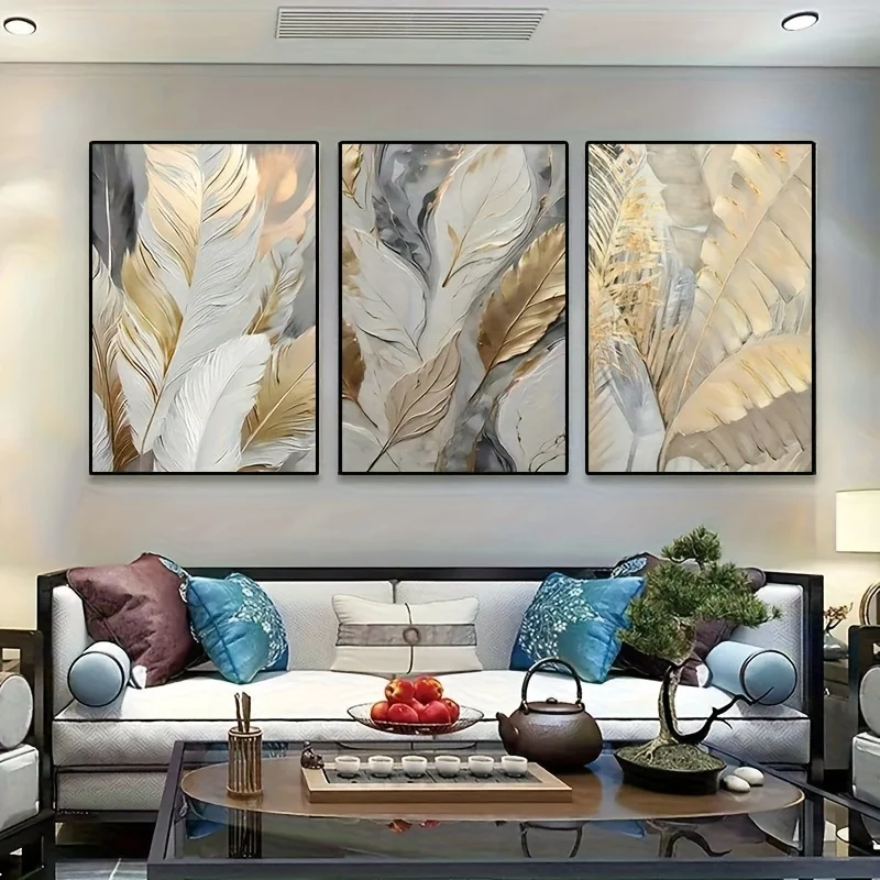Modern Gold Leaf Feather Canvas Painting 3 Pcs Framed Minimalist Wall Art Poster Office Bedroom Decor