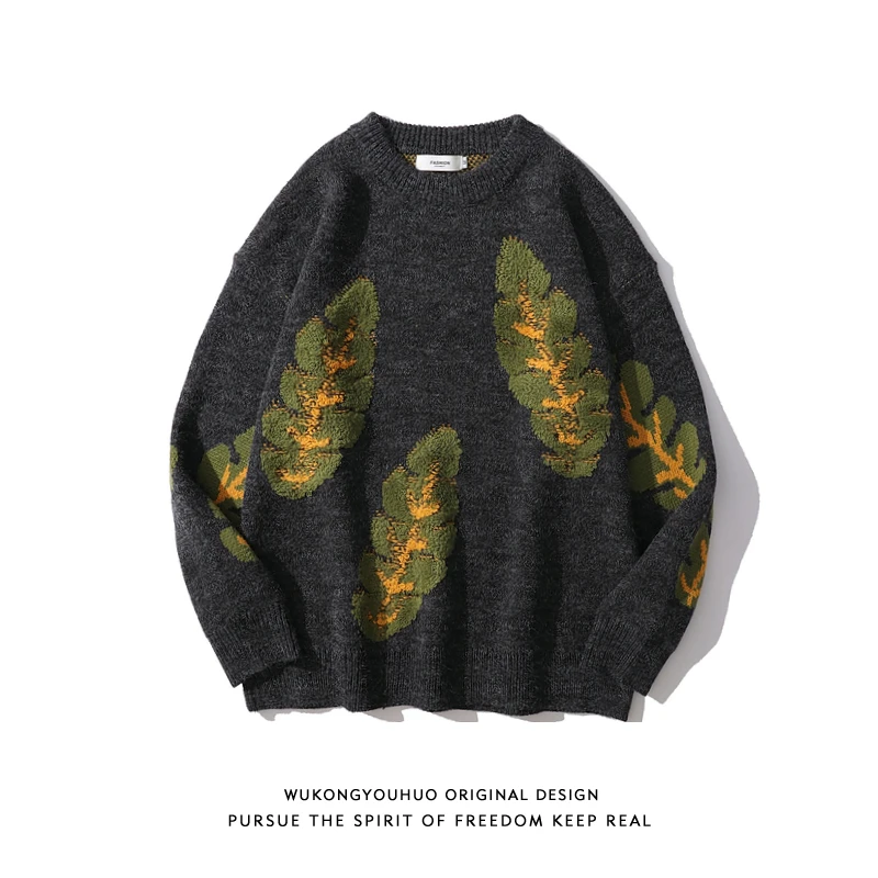 

Retro Leaf Jacquard Crew Neck Knitted Sweater Men's Trendy Brand Loose Crew Neck Casual Warm Sweater Jacket