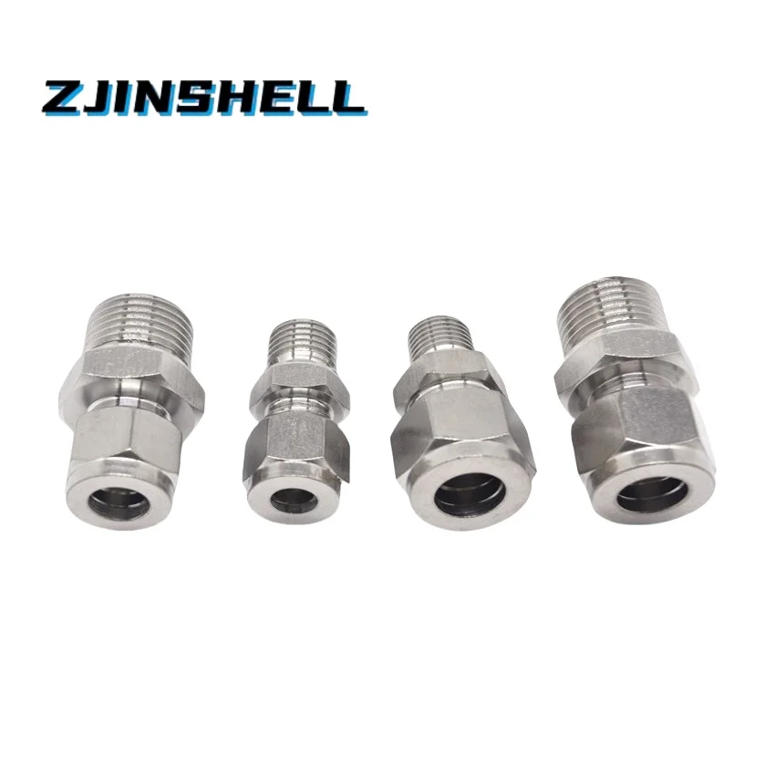 Image of SS 304 Edelstahl Doppelhülsen-Kompressionsstecker 6 mm 8 mm 10 mm 12 mm Rohr auf 1/8 Zoll 1/4 Zoll 3/8 Zoll 1/2 Zoll NPT-Rohrverschraubung mit Außengewinde