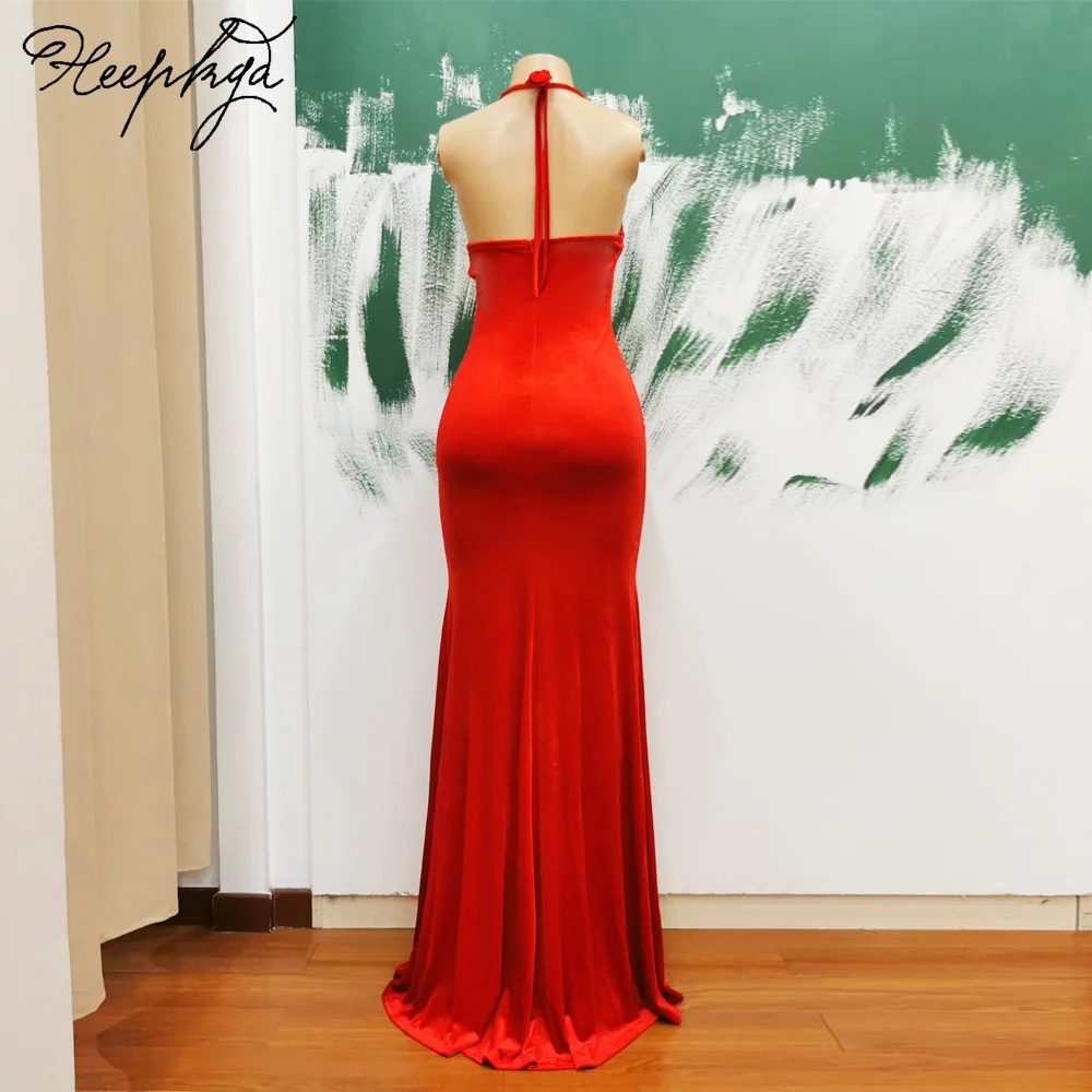 Red Mermaid Backless Velour Evening Dress Halter Front Split Crystals Lace Sexy Prom Party Gowns 2024 Wholesale Women Dresses