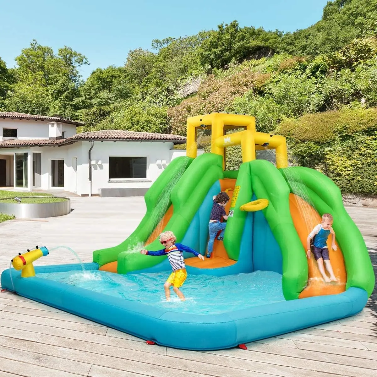 Opblaasbare Waterglijbaan, 6 In 1 Gigantisch Waterglijbaanpark Voor Kinderen Buitenplezier Met 550W Blazer, 2 Glijbanen, Spatzwembad, Opblazen