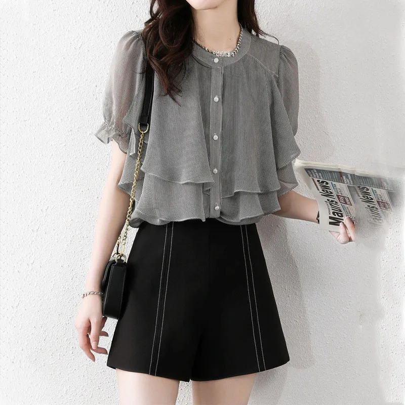 2023 Summer Striped Fashion Ruffles Patchwork Single-breasted Women\'s Elegant Blouses Commuter O-Neck Chiffon Short Sleeve Shirt